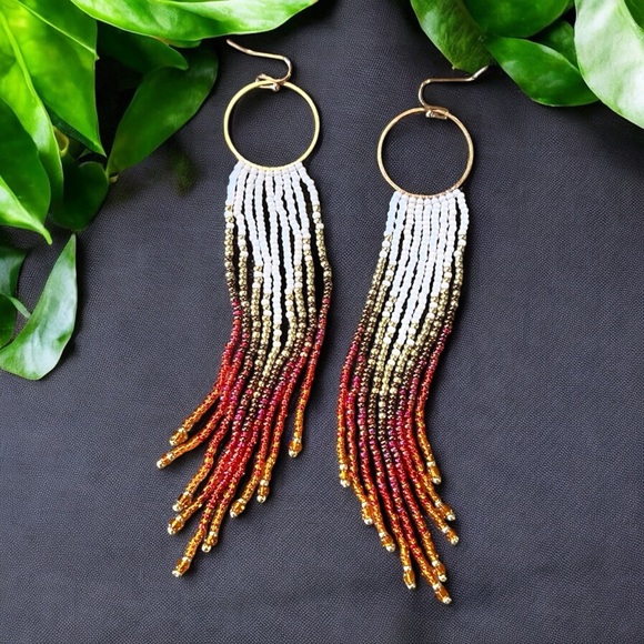 Sunset Ombré Beaded Fringe Earrings: Seed Bead Boho Earrings Chandelier Earrings - Picture 13 of 16
